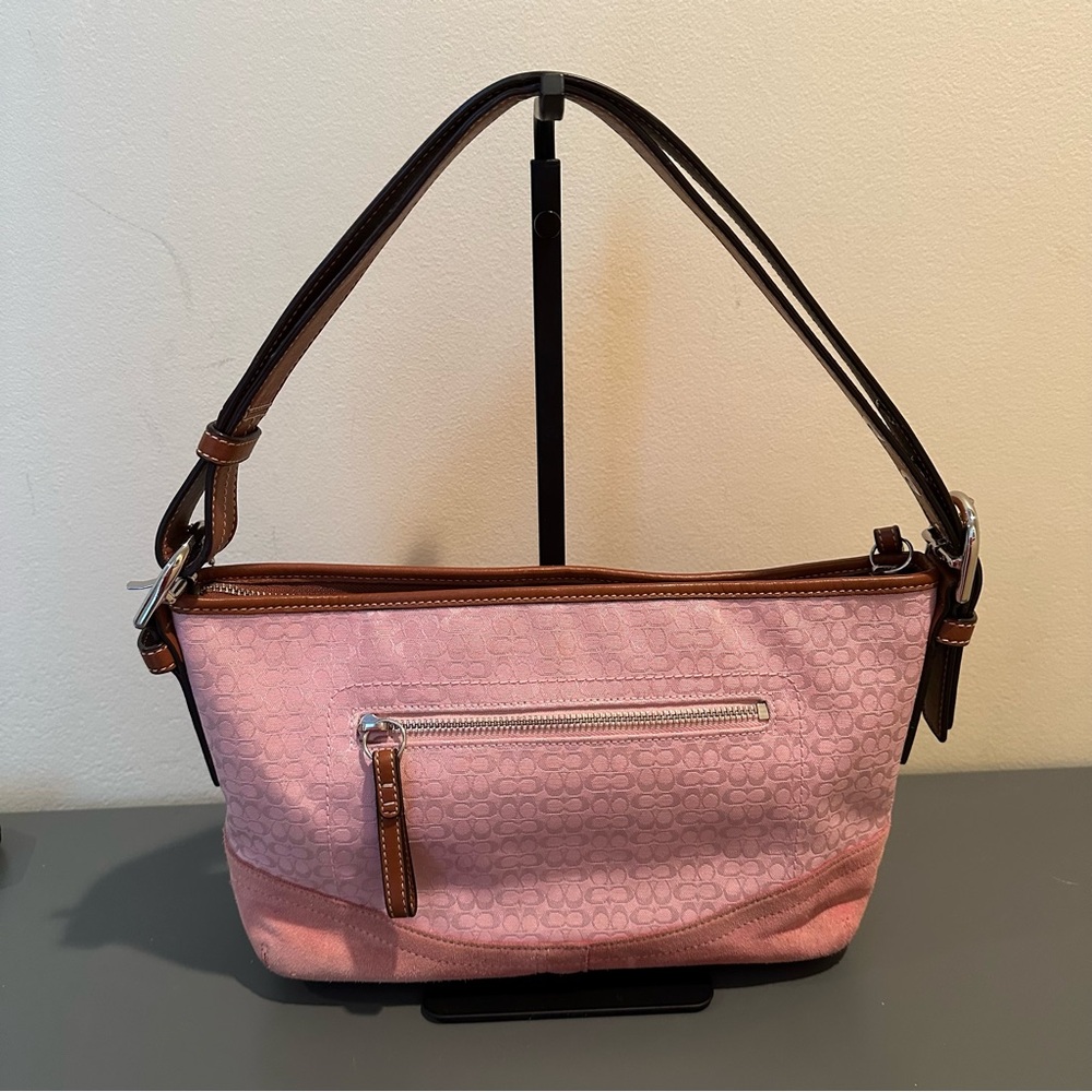 Coach Pink Signature Shoulder Bag with Brown Trim